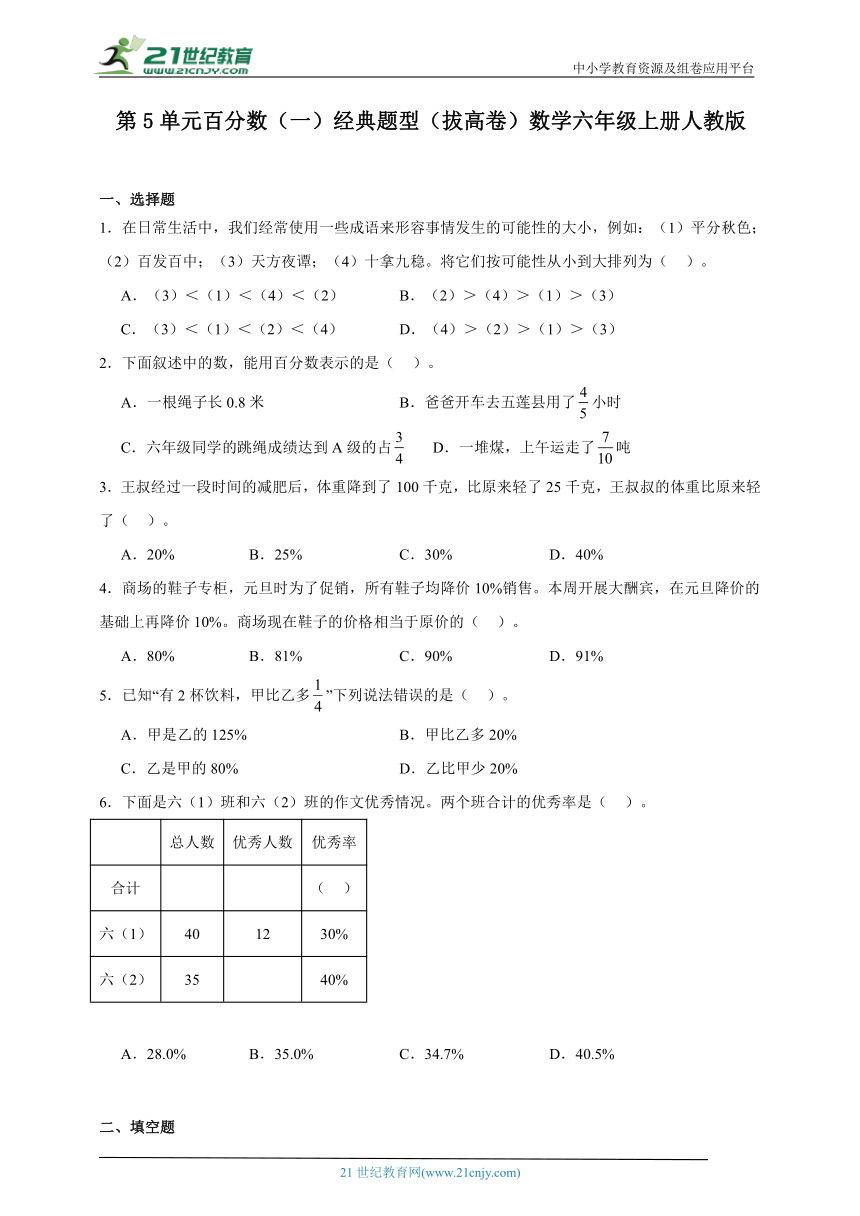 第5单元百分数（一）经典题型（拔高卷）数学六年级上册人教版（含答案）