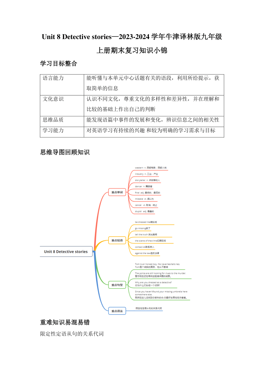 Unit 8 Detective stories期末复习知识小锦+练习（含解析）