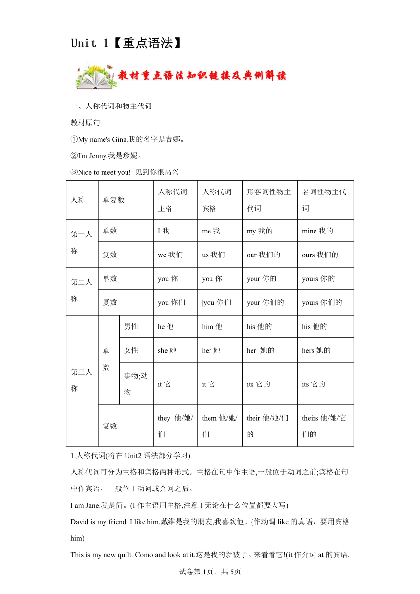 Unit 1 My name's Gina. 重点语法 讲练(含解析）