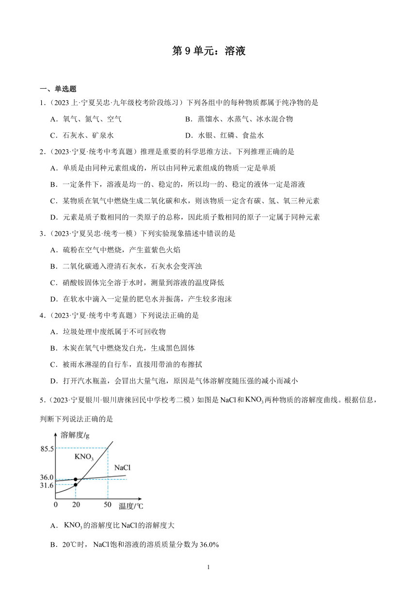 2023-2024学年人教版化学九年级下册单元综合复习题——第九单元：溶液（含解析）（宁夏地区适用）