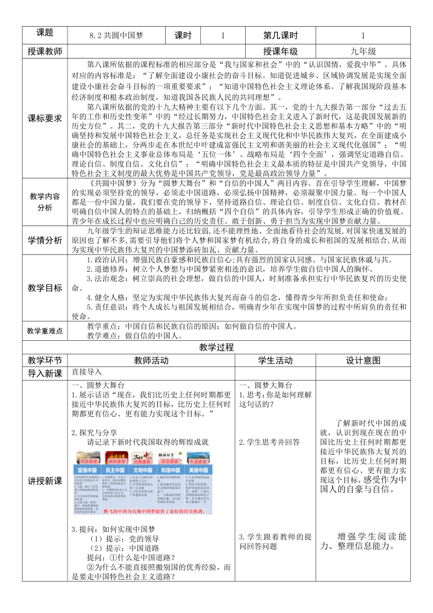 【核心素养目标】8.2 共圆中国梦  教案（表格式）