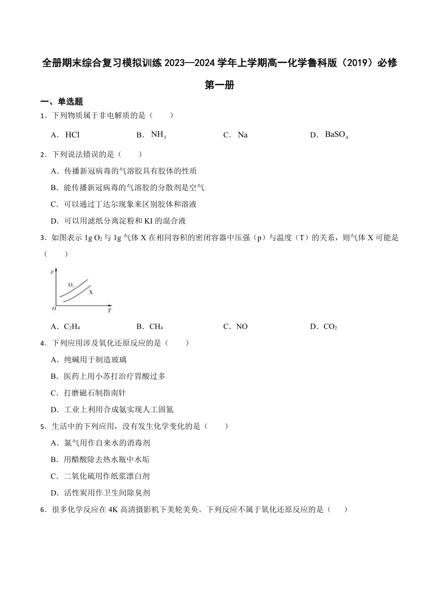 全册期末综合复习模拟训练（含解析）2023—2024学年上学期高一化学鲁科版（2019）必修第一册