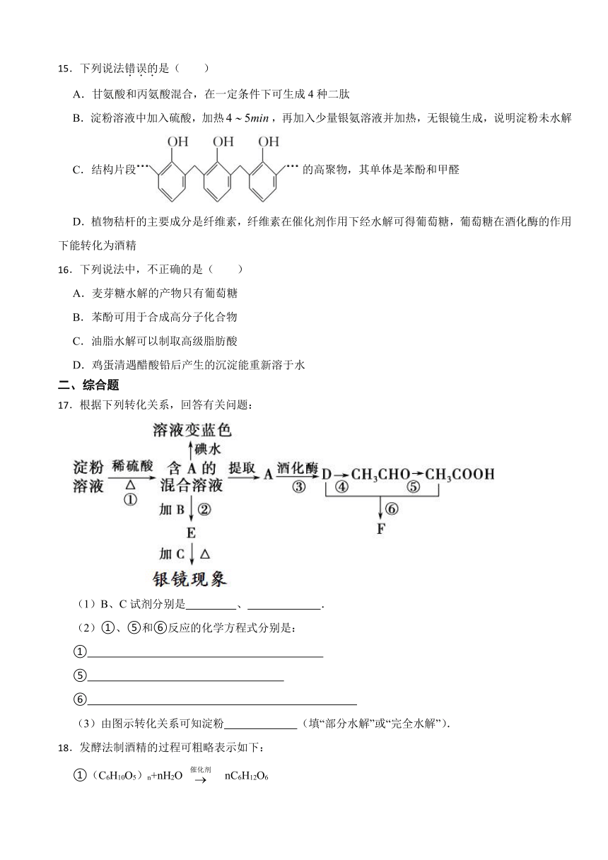 4.1 糖类 同步训练（含解析）2023-2024学年高二下学期化学人教版（2019）选择性必修3