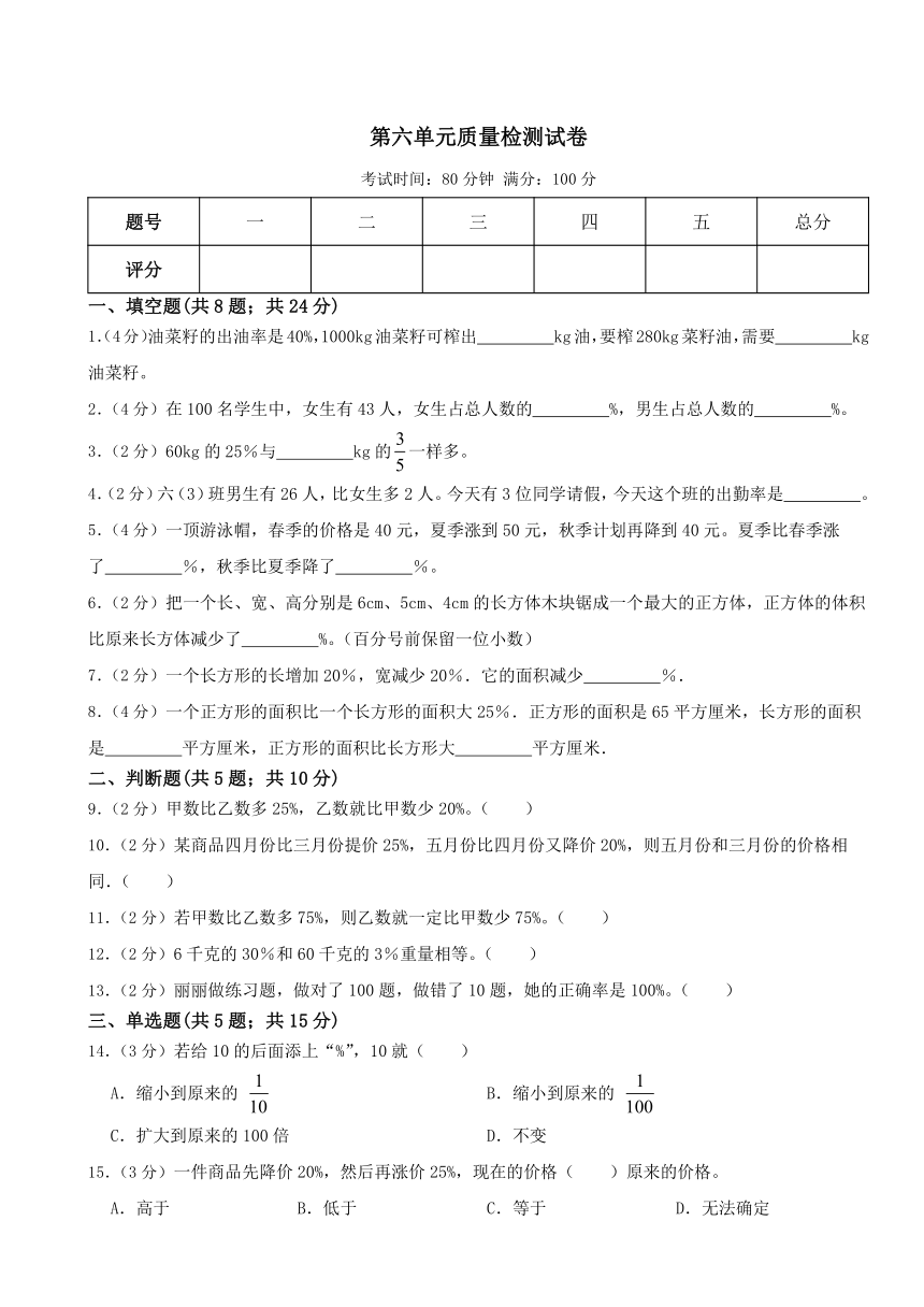 第六单元百分数（一） 单元测试 六年级上册数学人教版（无答案）