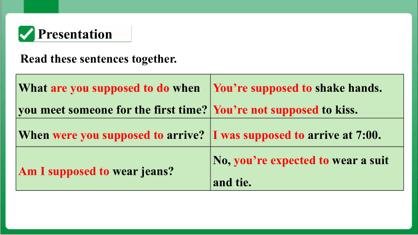 Unit 10 SectionA GrammarFocus~4c 课件+内嵌视频【新目标九年级Unit 10 You're supposed to shake hands】