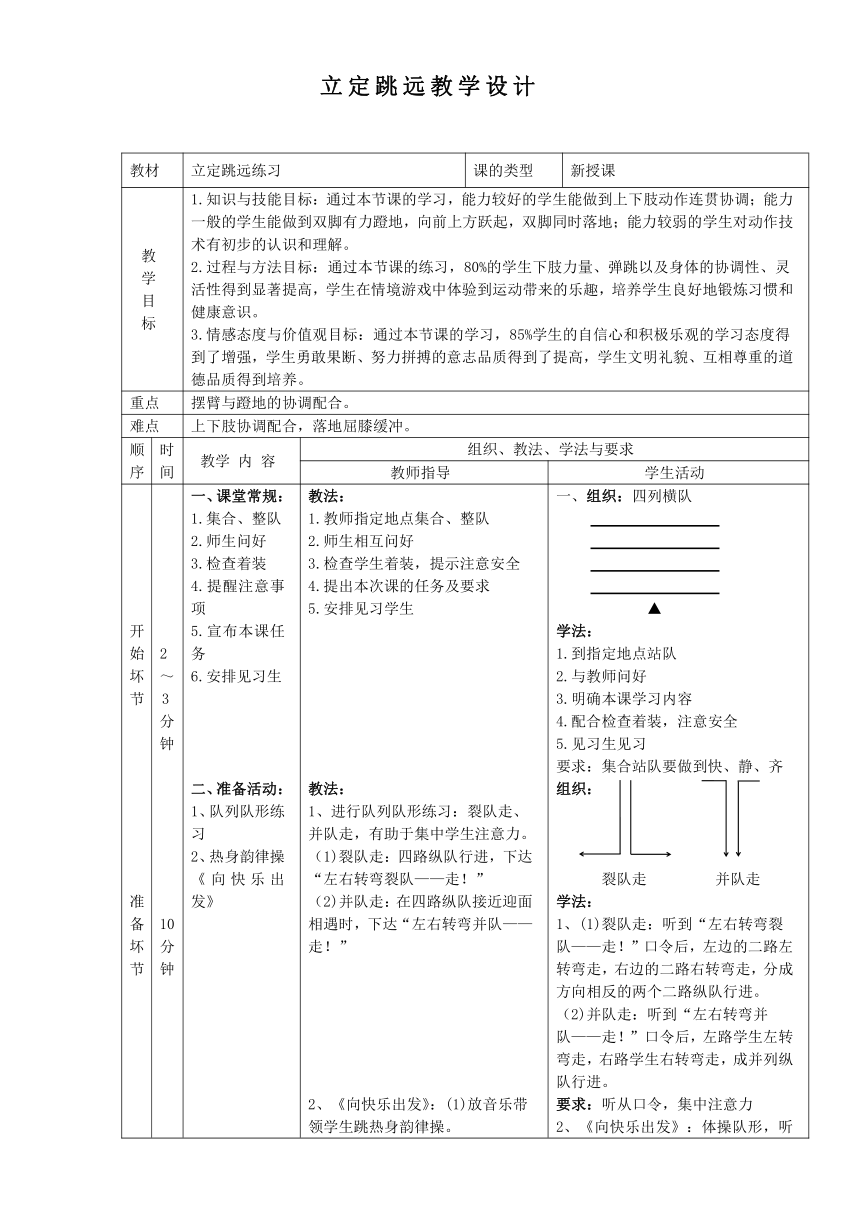 人教版 二、 立定跳远 教学设计（表格式）