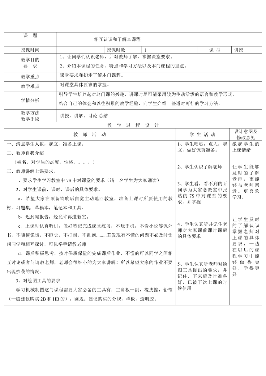 （中职）机械制图第四版1、相互认识和了解本课程电子教案（表格式）工信版