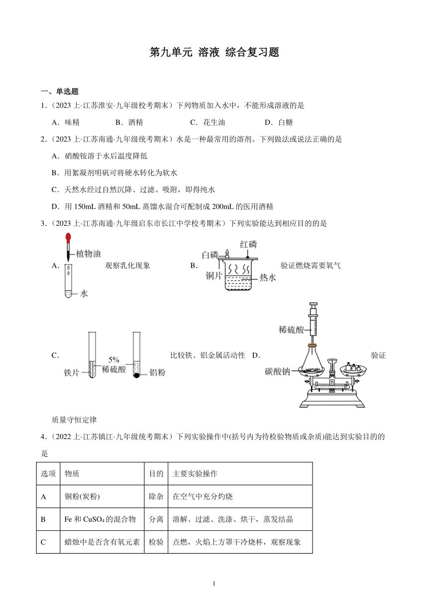 第九单元 溶液 综合复习题(含解析)（江苏地区适用）——2023-2024学年人教版化学九年级下册