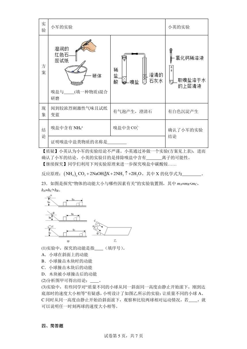 浙教版九年级上册科学期末针对性练习七（含答案）