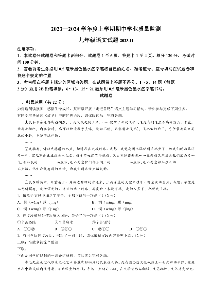 山东省临沂市郯城县2023-2024学年九年级上学期期中语文试题（含答案）