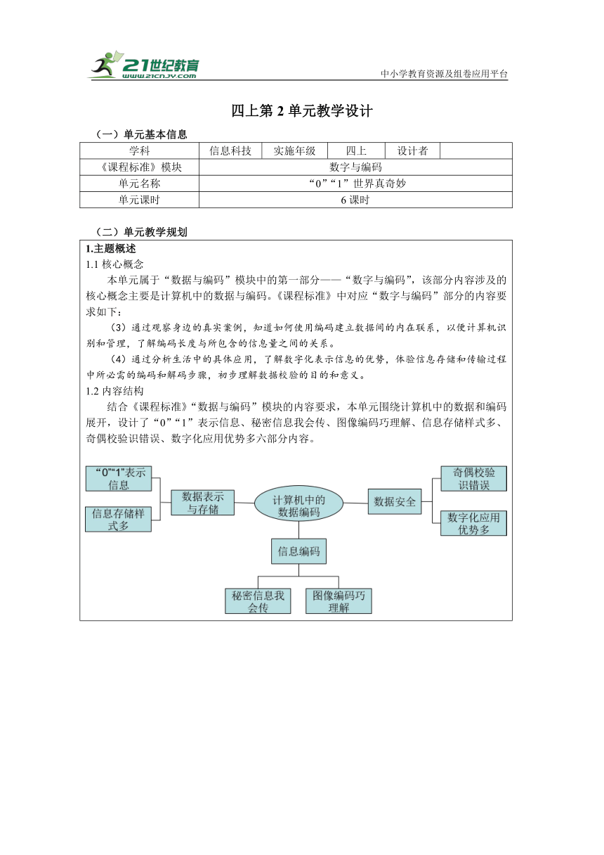 重大版四上 第2单元《 “0”“1”世界真奇妙》单元教学设计（表格式）