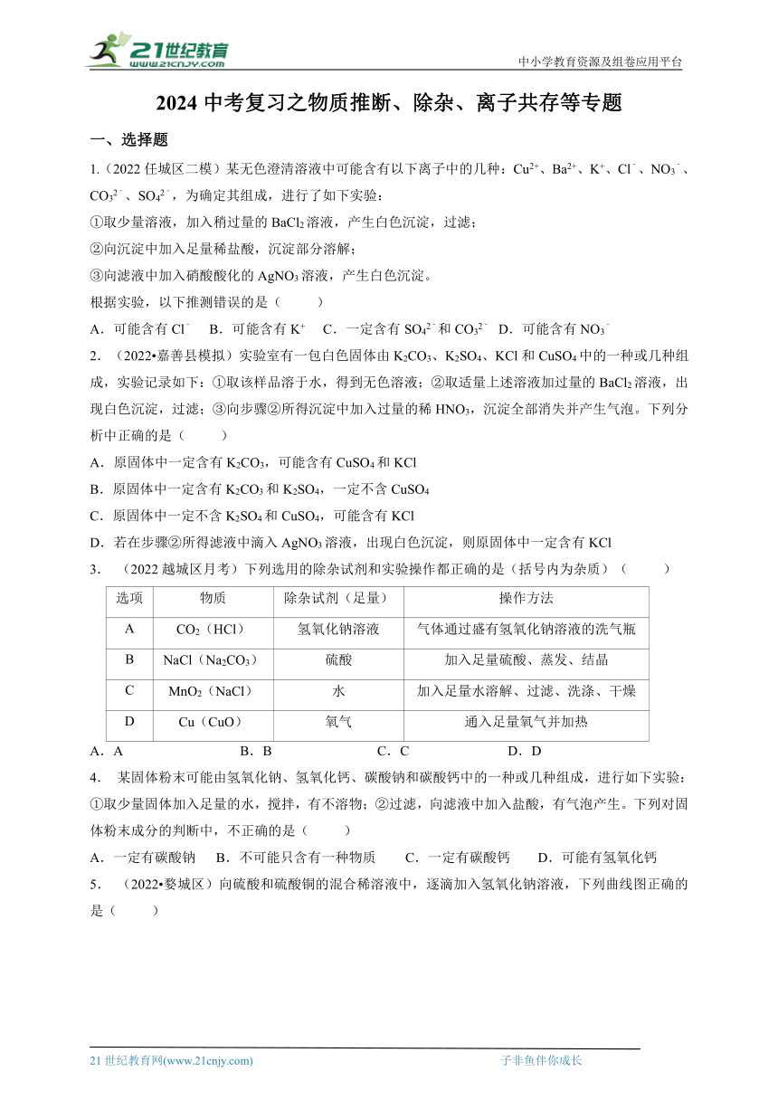 2024中考冲刺之物质推断、除杂、离子共存等专题（含答案）