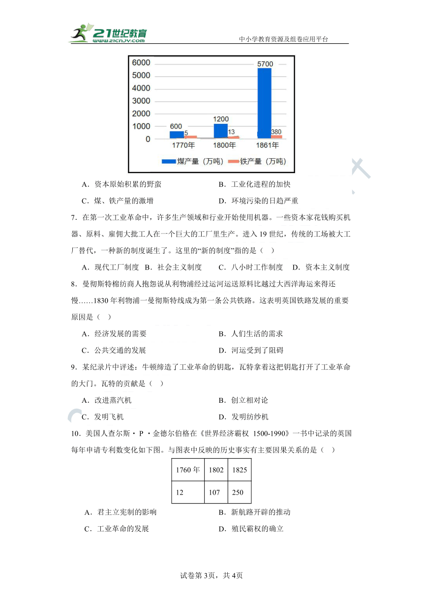 第20课 第一次工业革命 随堂学习评价-2023-2024学年部编版九年级历史上册