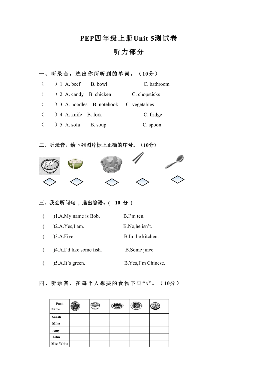 Unit5 Dinner is ready  单元测试7（无答案，无听力原文及音频）