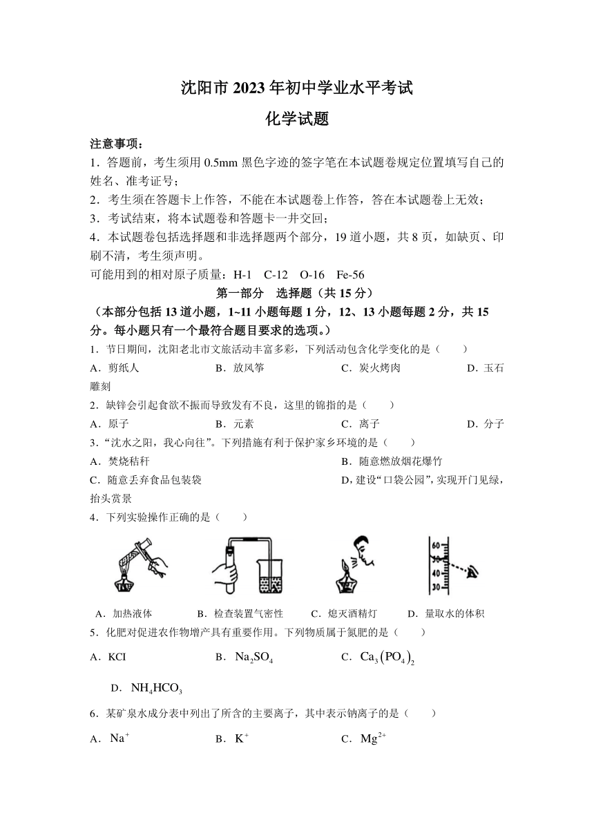 2023年辽宁省沈阳市中考化学真题（含解析）