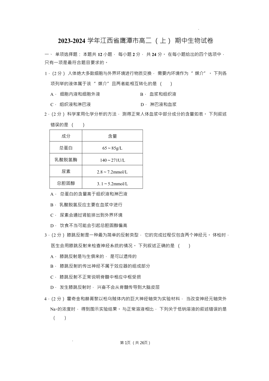 江西省鹰潭市2023-2024学年高二上学期11月期中生物试题（Word版含解析）