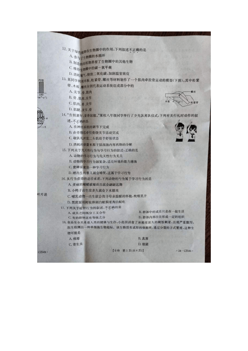 河北省保定市高碑店市2023-2024学年八年级上学期12月月考生物试题（图片版无答案）