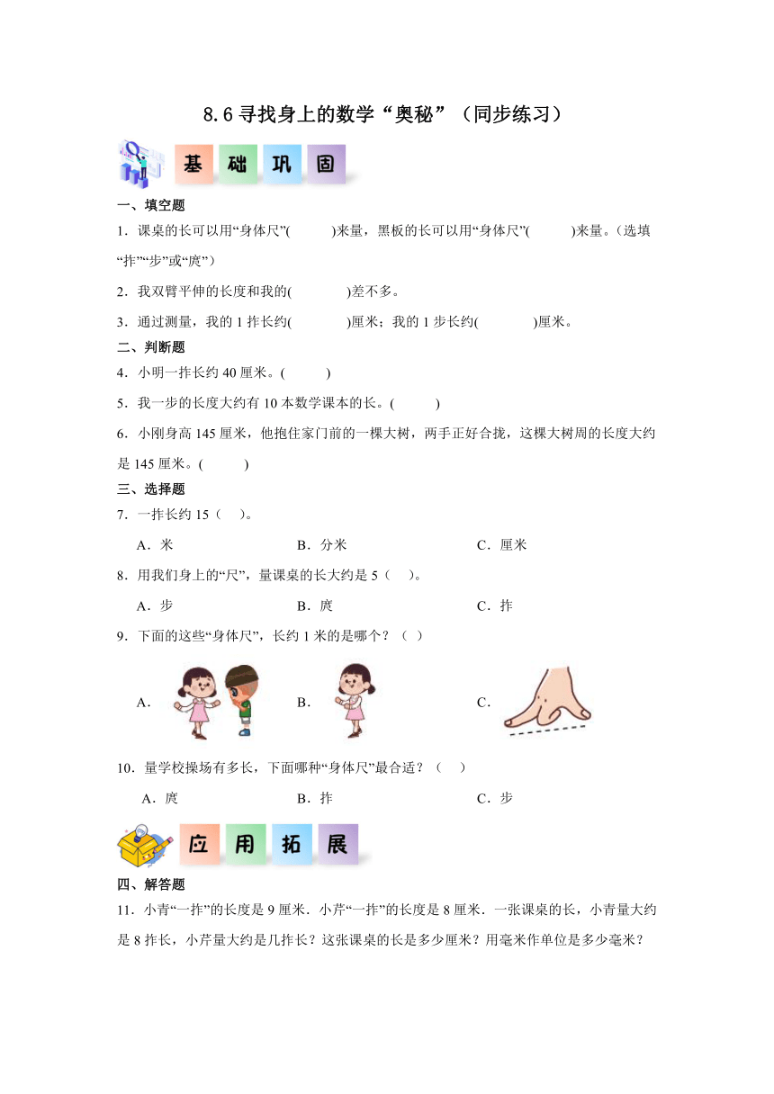 二年级数学上册（北师大版）8.6寻找身上的数学“奥秘”（同步练习）（含解析）