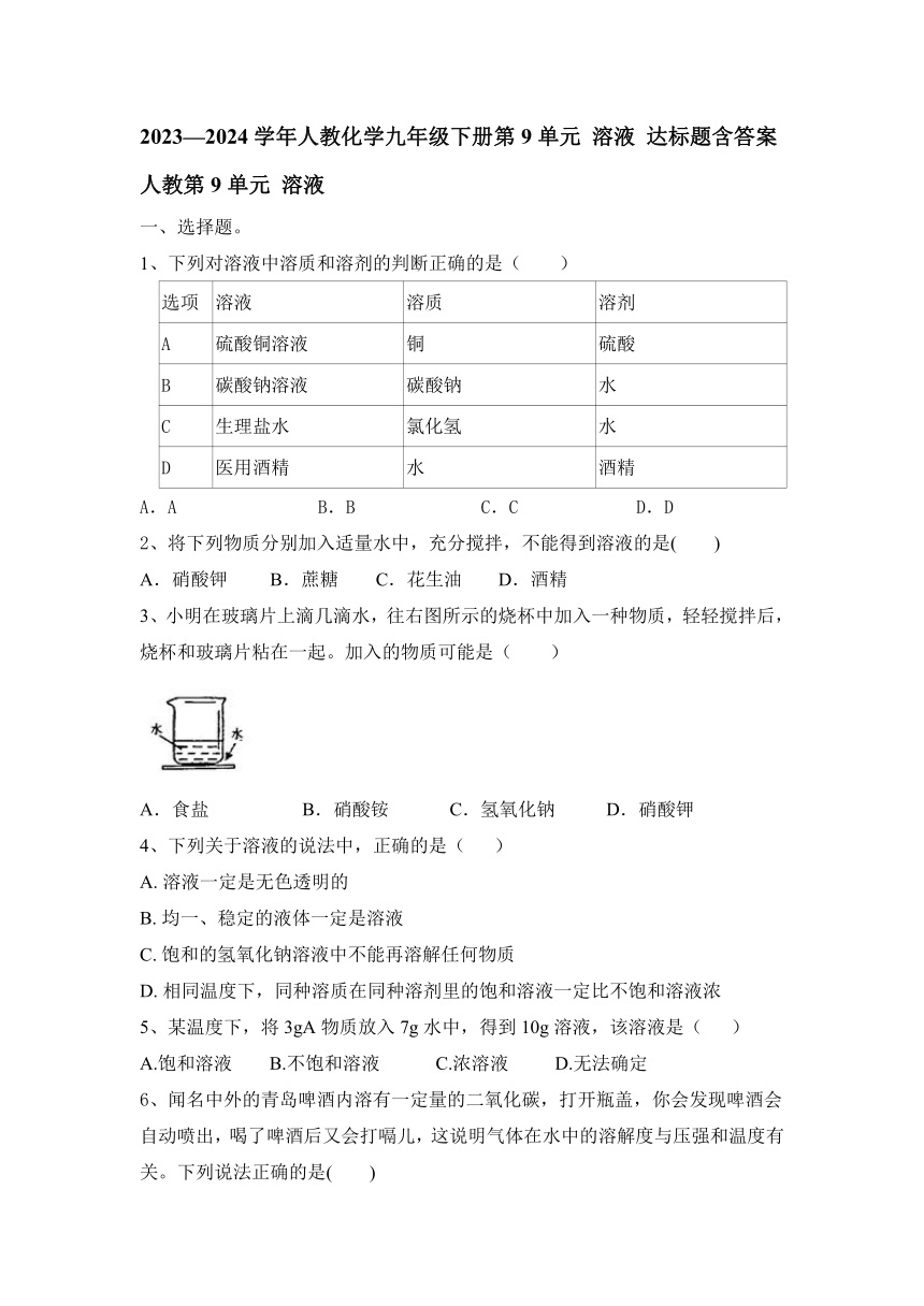 2023—2024学年人教化学九年级下册第9单元 溶液 达标题(含答案)