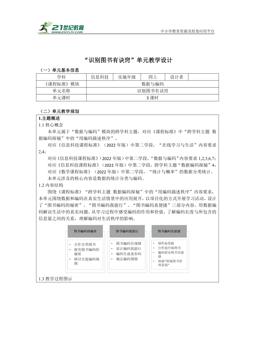 重大版四上 跨学科学习《识别图书有诀窍》单元教学设计（表格式）