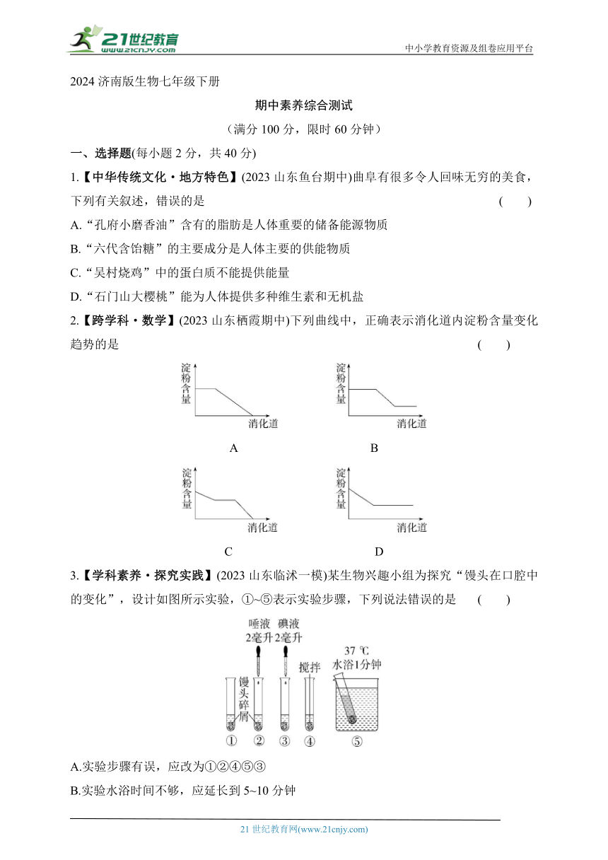 2024济南版生物七年级下册--期中素养综合测试（含解析）