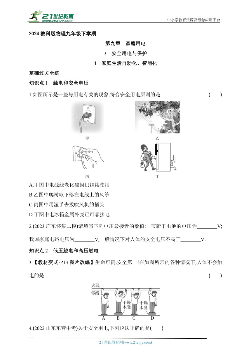 2024教科版物理九年级下学期课时练--安全用电与保护 家庭生活自动化、智能化（有解析）