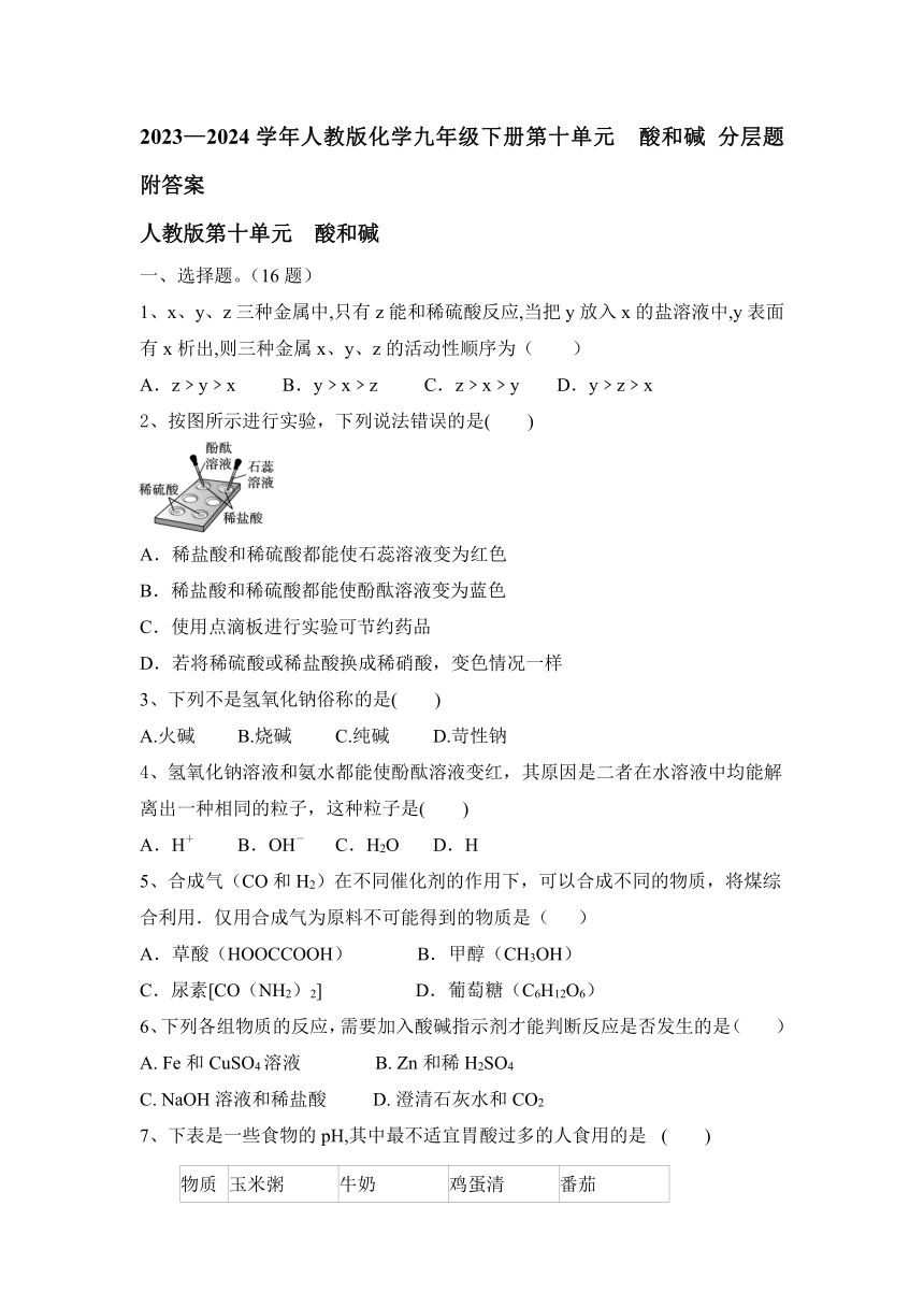 2023—2024学年人教版化学九年级下册第十单元  酸和碱 分层题（含答案）