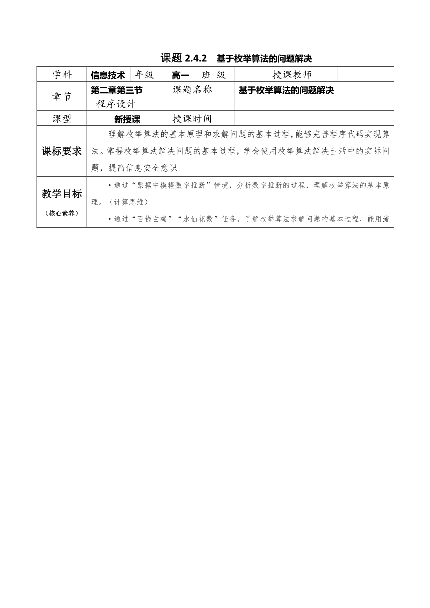 2.4.2基于枚举算法的问题解决 教学设计（表格式） 2023—2024学年人教_中图版（2019） 高中信息技术必修1