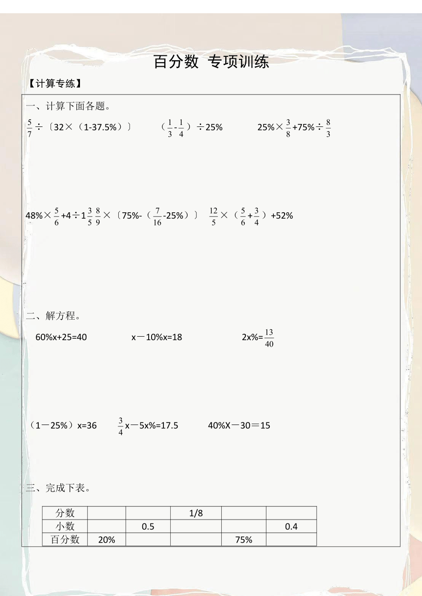 人教版六年级上册数学6百分数+（专项训练）（无答案）