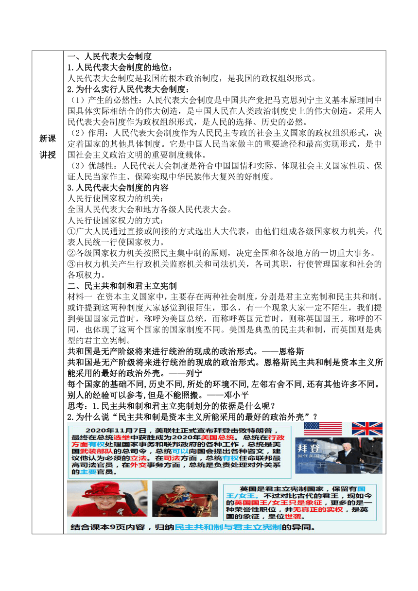 【核心素养目标】1.2国家的政权组织形式教学设计-（表格式）2023-2024学年高中政治统编版选择性必修一