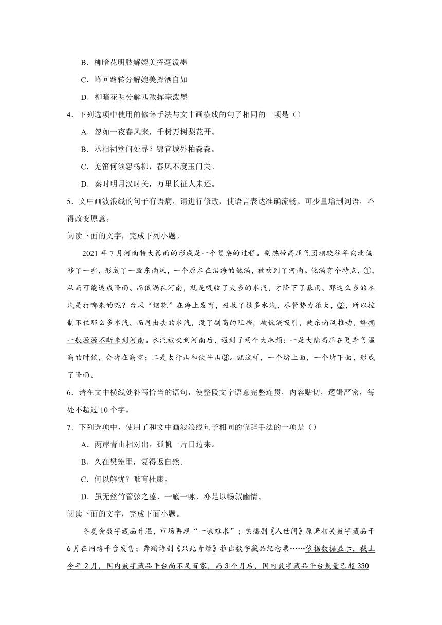 2024届高考语文复习：语用试题专练修辞手法选择题（含解析）