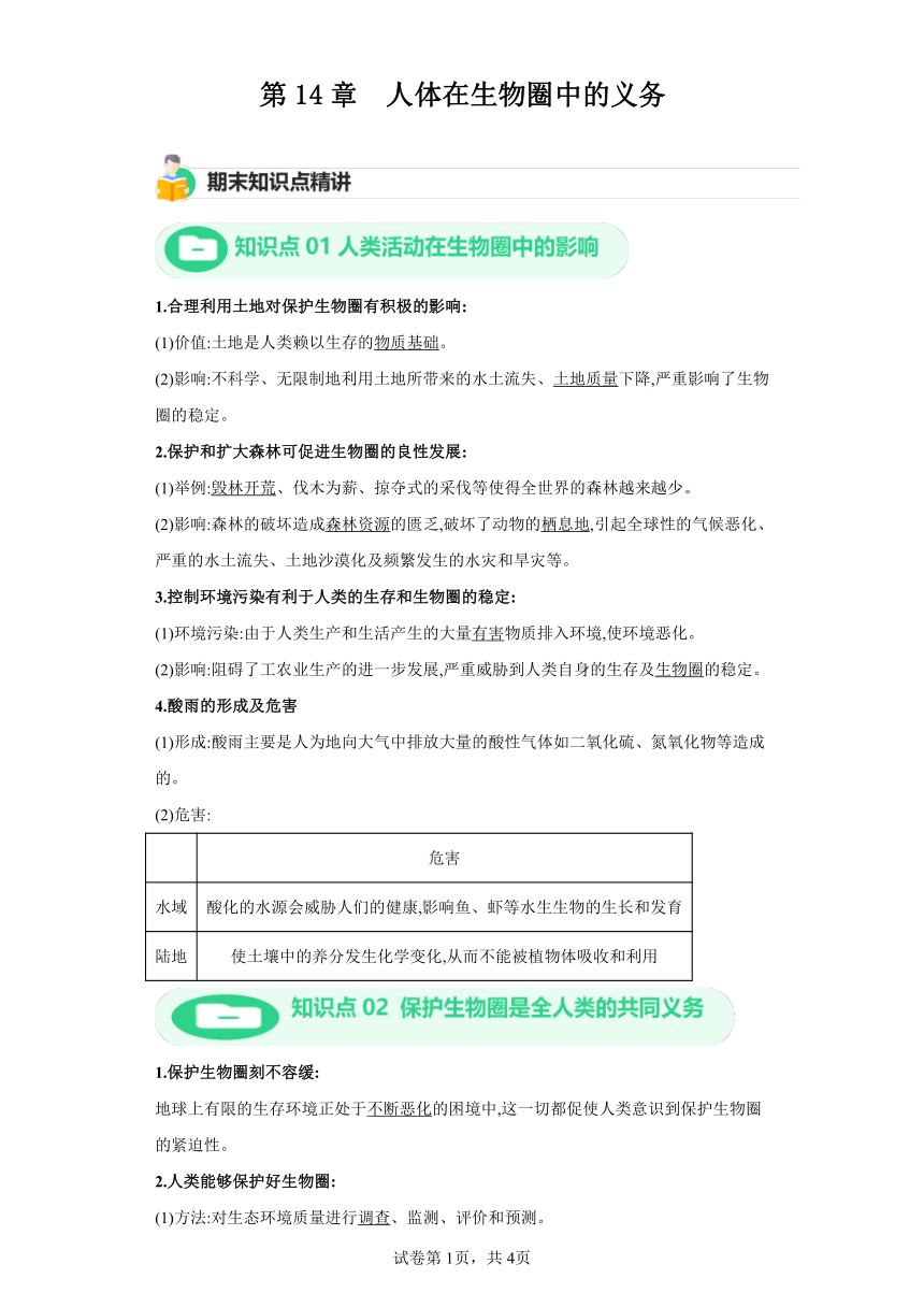 第14章人体在生物圈中的义务 北师大版生物七年级下册 期末知识点+练习（含解析）