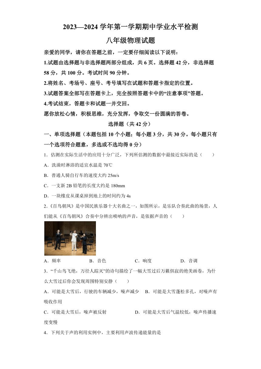 山东省聊城市冠县2023-2024学年八年级上学期期中物理试题（含解析）