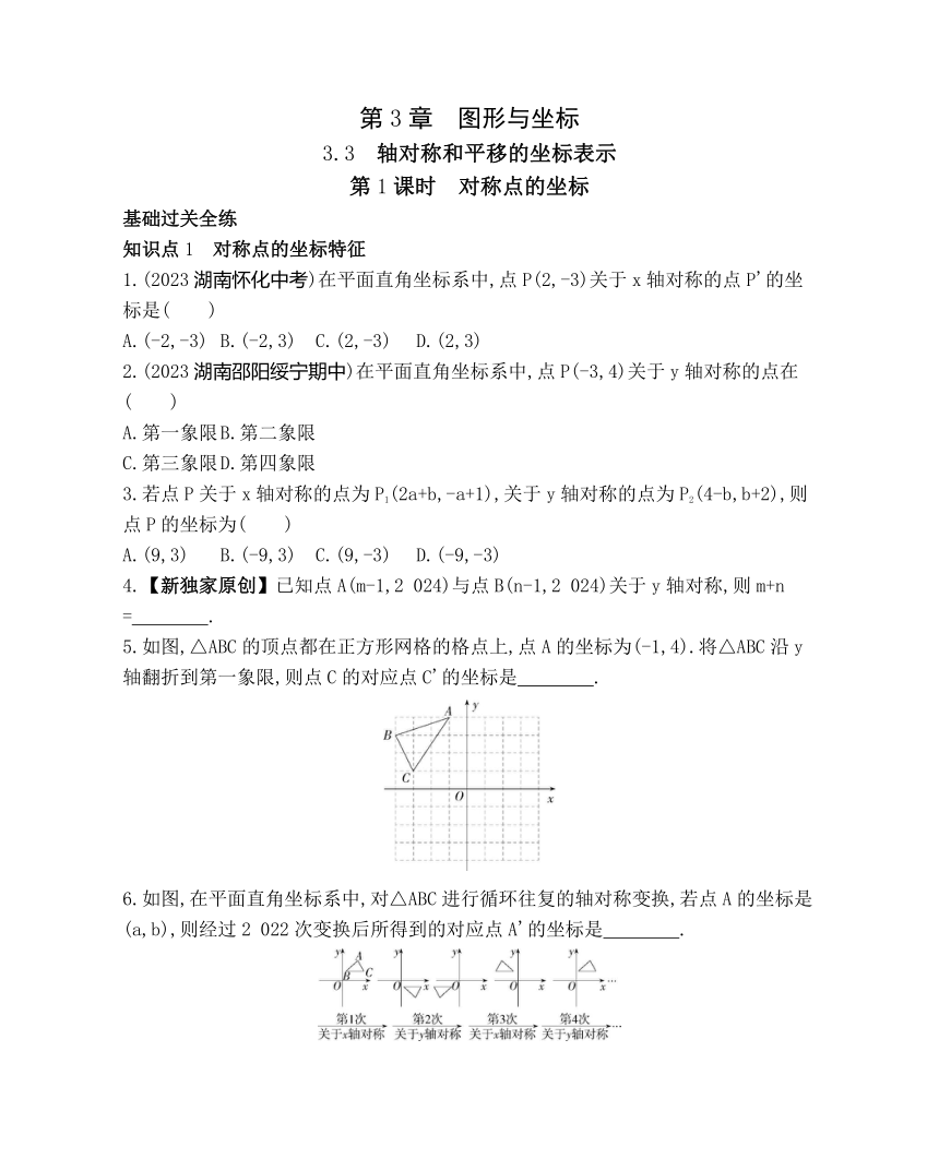 湘教版数学八年级下册3.3.1 对称点的坐标 素养提升练习（含解析）