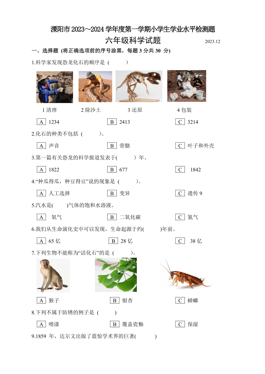 江苏省常州市溧阳市2023-2024学年六年级上学期12月月考科学试题（含答案）