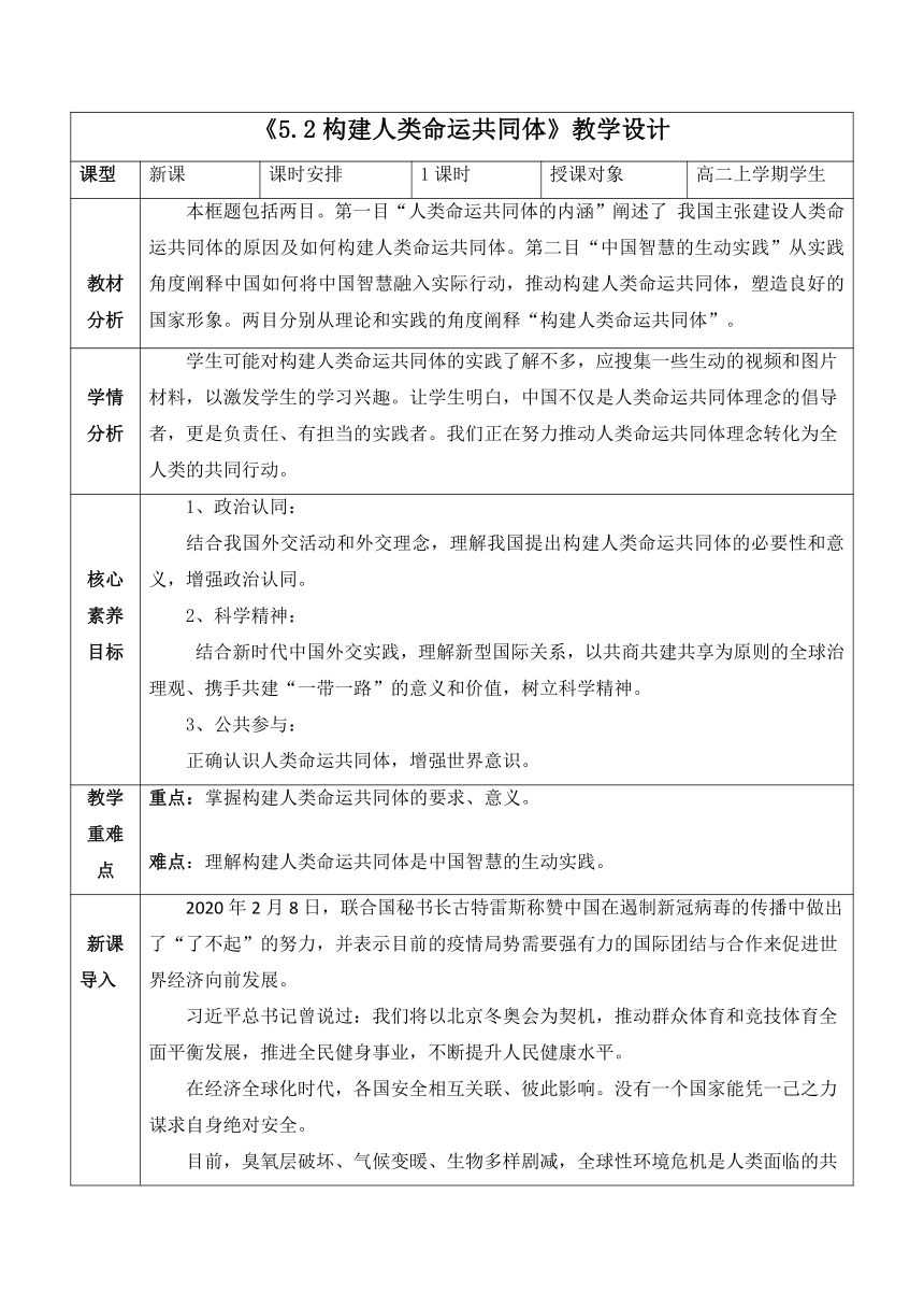 5.2 构建人类命运共同体 教案-2023-2024学年高中政治统编版选择性必修一当代国际政治与经济（表格式）