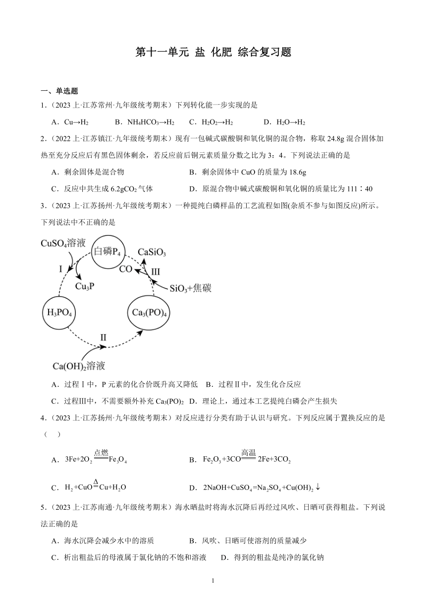 第十一单元 盐 化肥 综合复习题(含解析)（江苏地区适用）——2023-2024学年人教版化学九年级下册