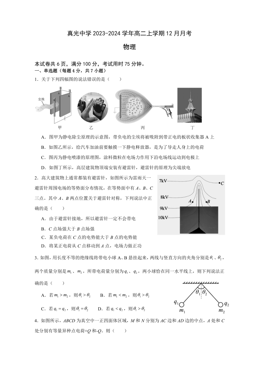 广东省广州市荔湾区真光中学2023-2024学年高二上学期12月月考物理试题（含解析）