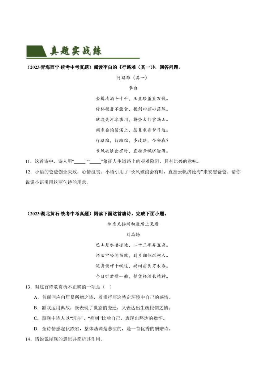 2024年中考语文复习专题13 九上课标古诗词复习 专练（PDF 学生版+解析版）