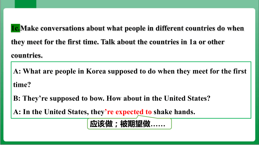 Unit10 SectionA 1a~2d 课件+内嵌音视频【新目标九年级Unit 10 You're supposed to shake hands】