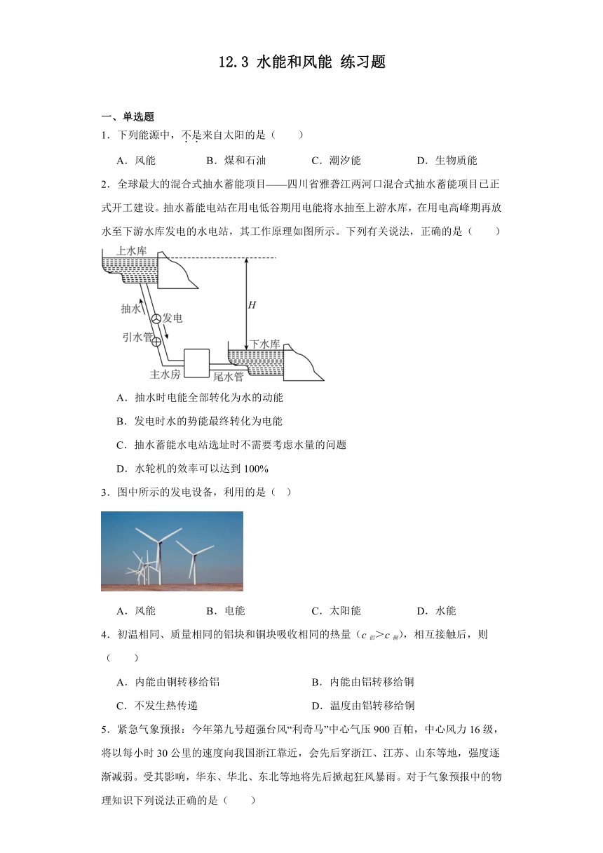 12.3水能和风能习题2023-2024学年教科版初中物理八年级下册（文字版含答案）