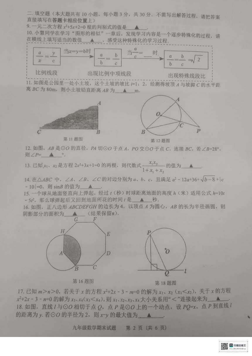 江苏省扬州市宝应县2023-2024学年九年级上学期1月期末数学试题(图片版无答案)