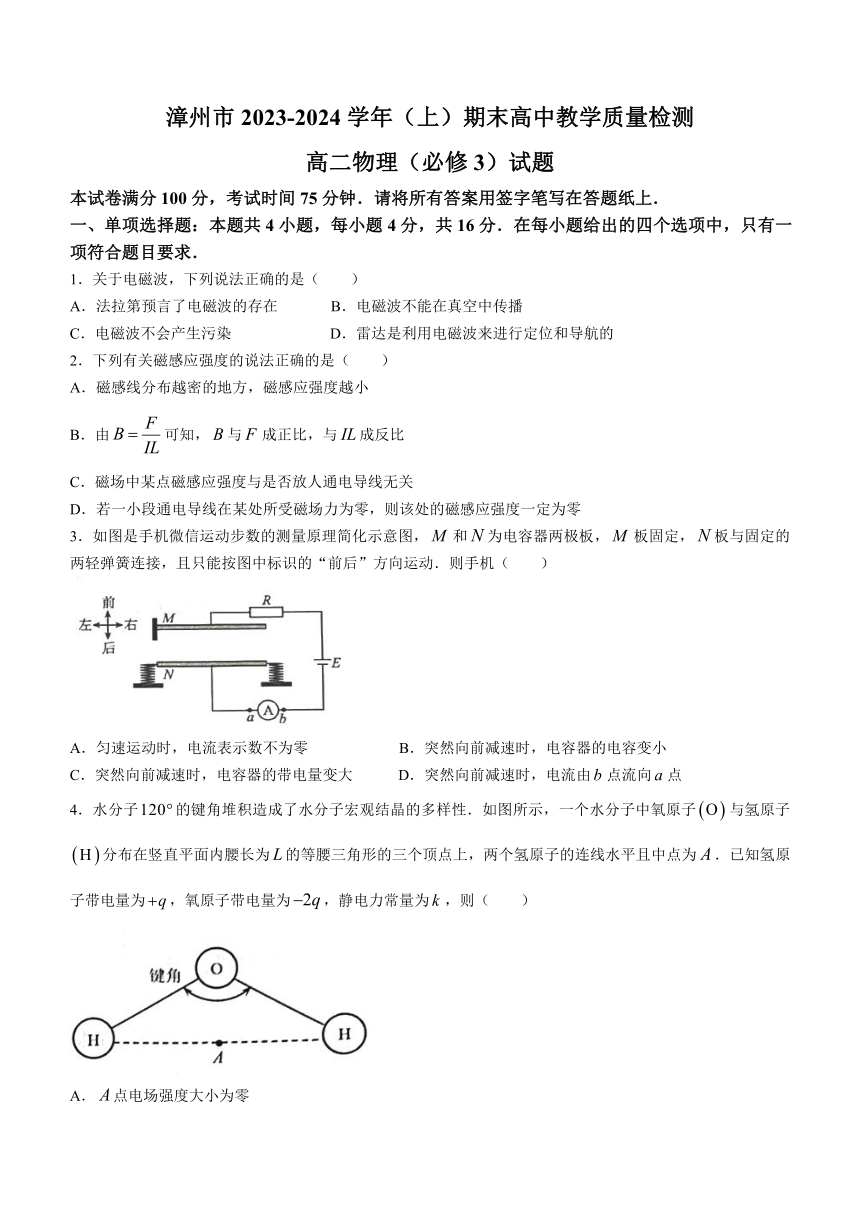 福建省漳州市2023-2024学年高二上学期1月期末教学质量监测物理试题（含答案）