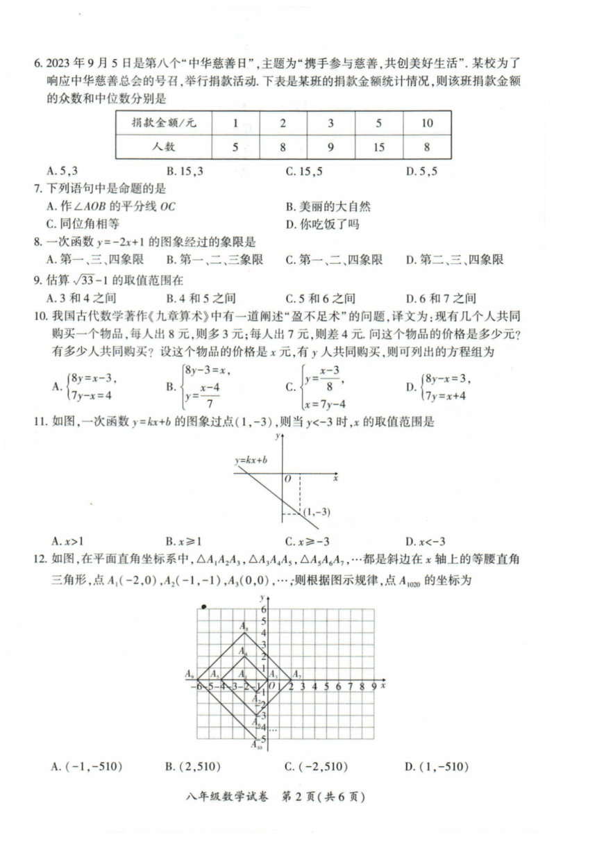 2023-2024学年贵州省毕节市威宁县八年级（上）期末数学试卷（图片版，无答案）