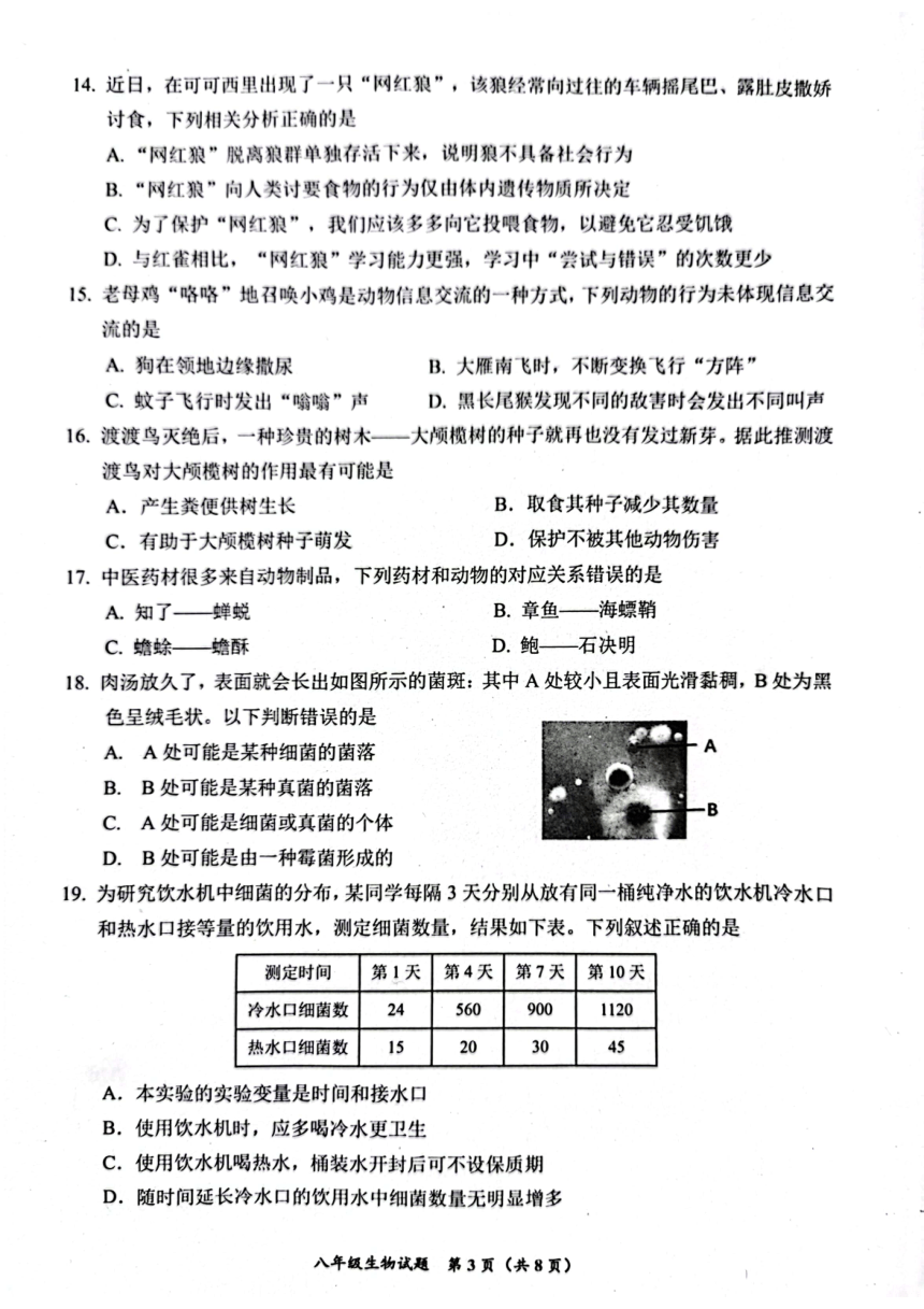 四川省自贡市2023-2024学年八年级上学期期末考试生物学试题（PDF版无答案）