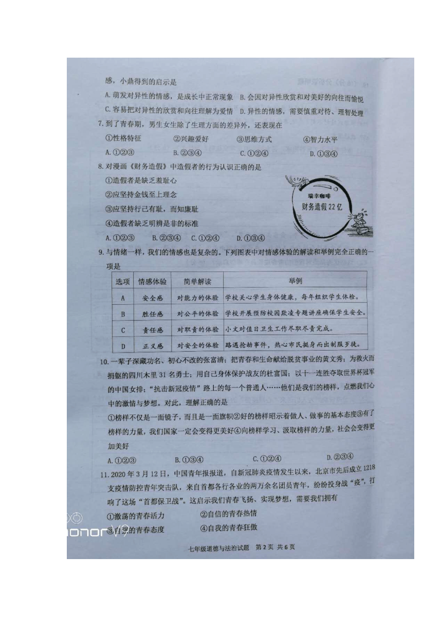 江苏徐州2019--2020学年度第二学期期中质量自测七年级道德与法治试题（图片版，无答案）