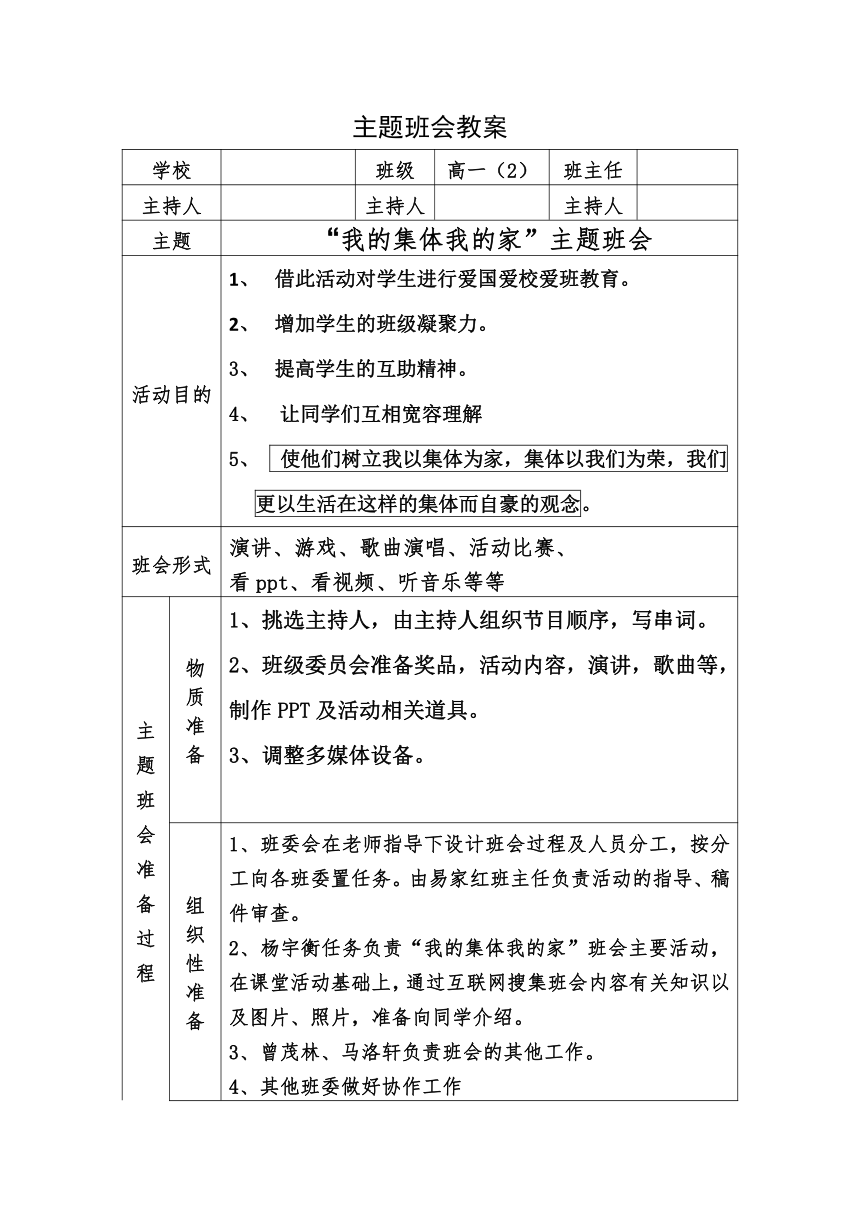 “我的集体我的家”主题班会教案(表格式)