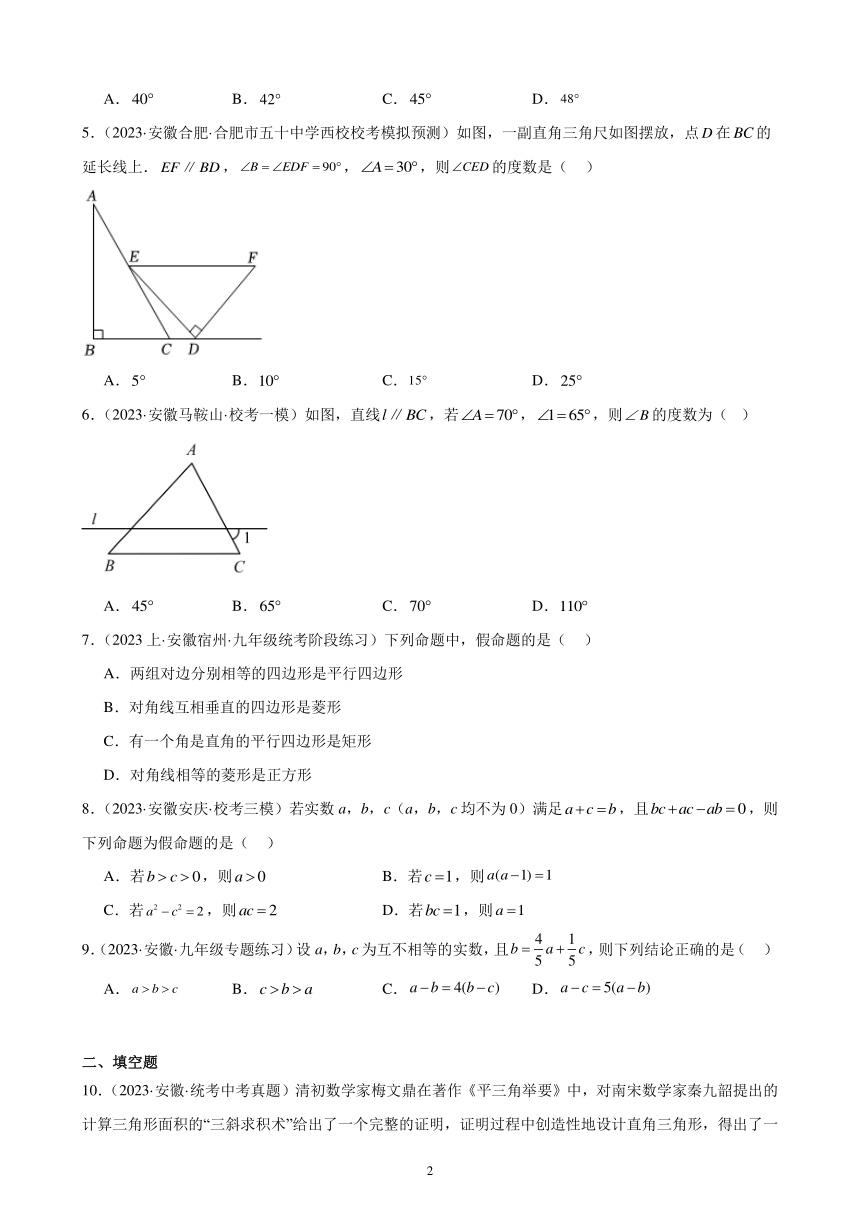 2024年安徽省九年级中考数学一轮复习题选编——三角形的边角关系、命题与证明（含解析）