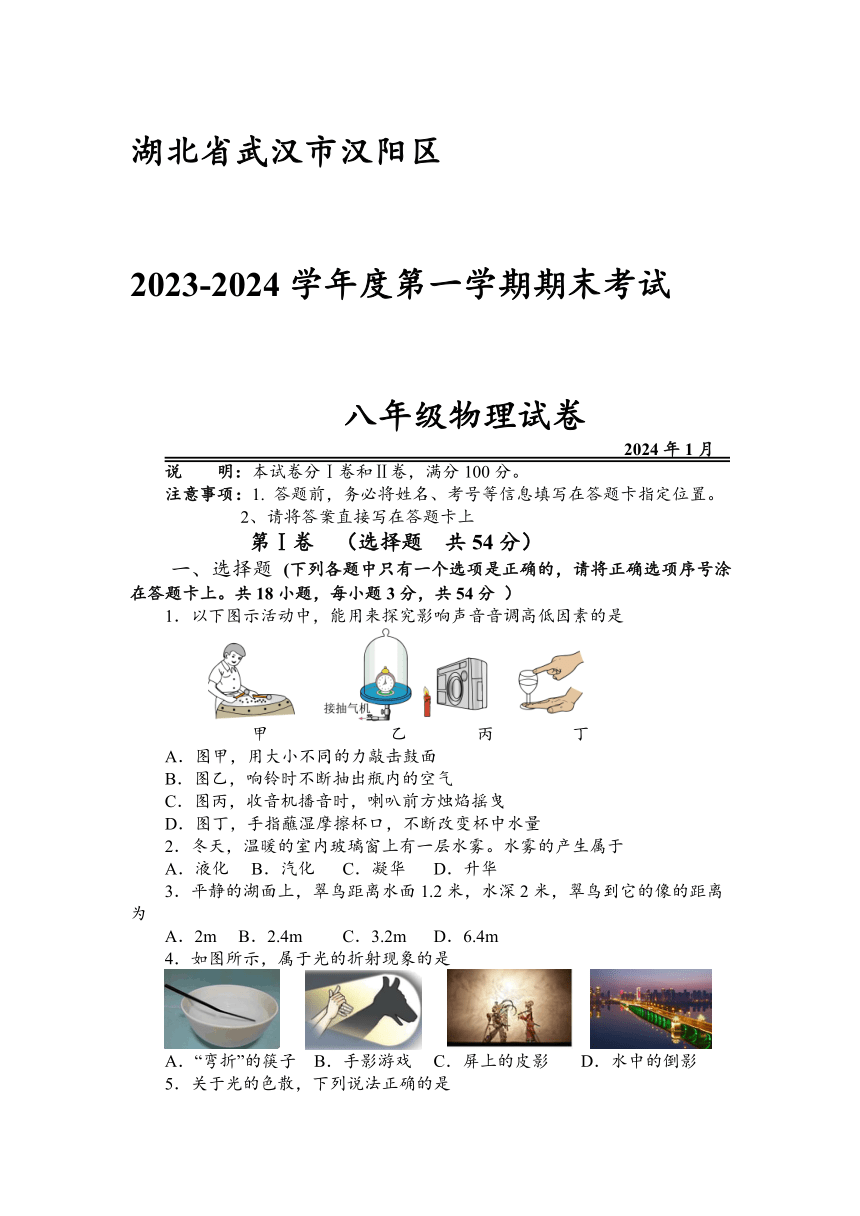 湖北省武汉市汉阳区2023-2024学年八年级上学期期末考试物理试卷（含答案）