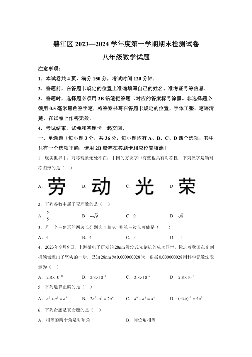 贵州省铜仁市碧江区2023-2024学年八年级上学期期末数学试题(含解析)